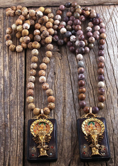 Boho Necklace, RH Precious Lava Stone, Ganesha Buddha